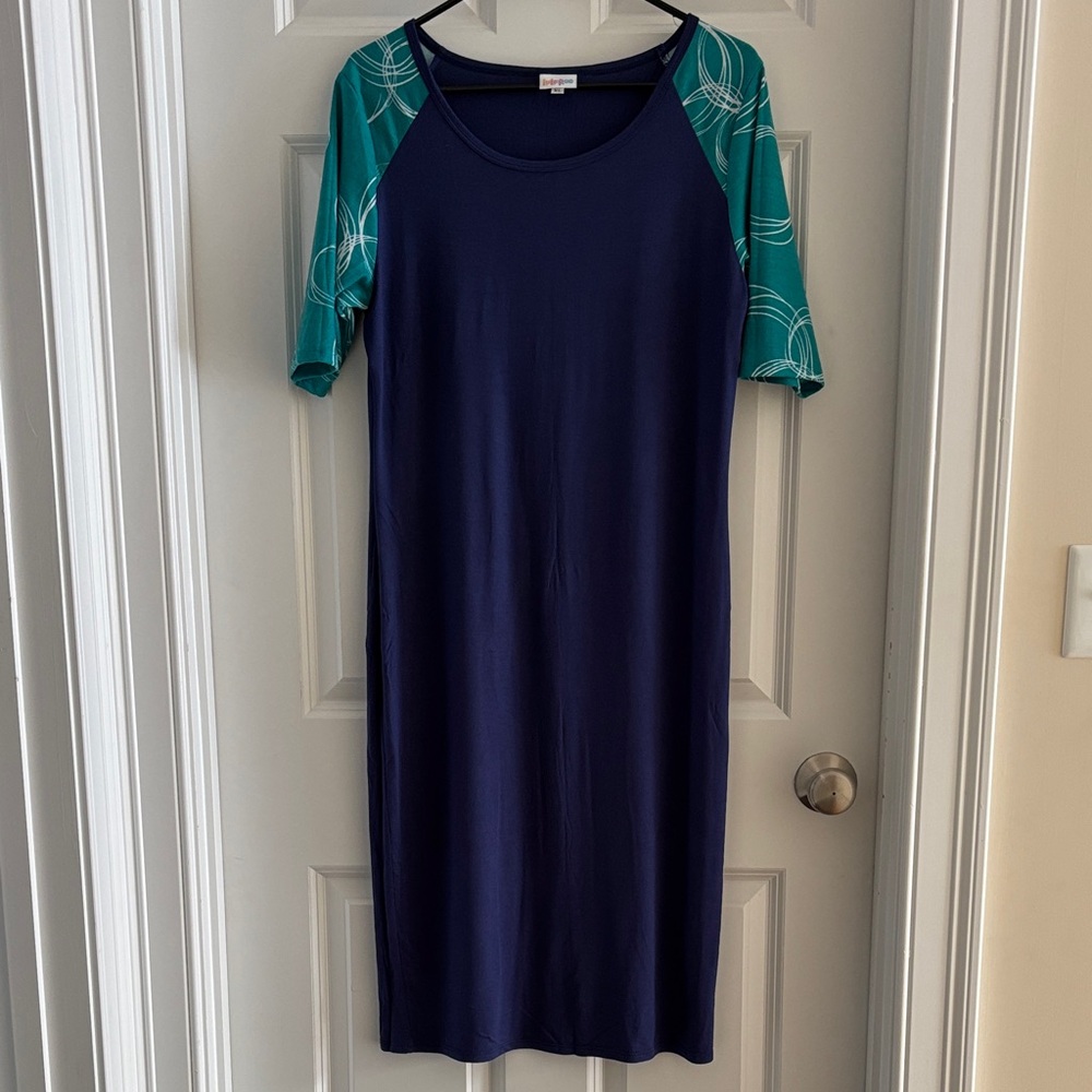 LuLaRoe Blue Dress with Aqua Patterned Sleeves
